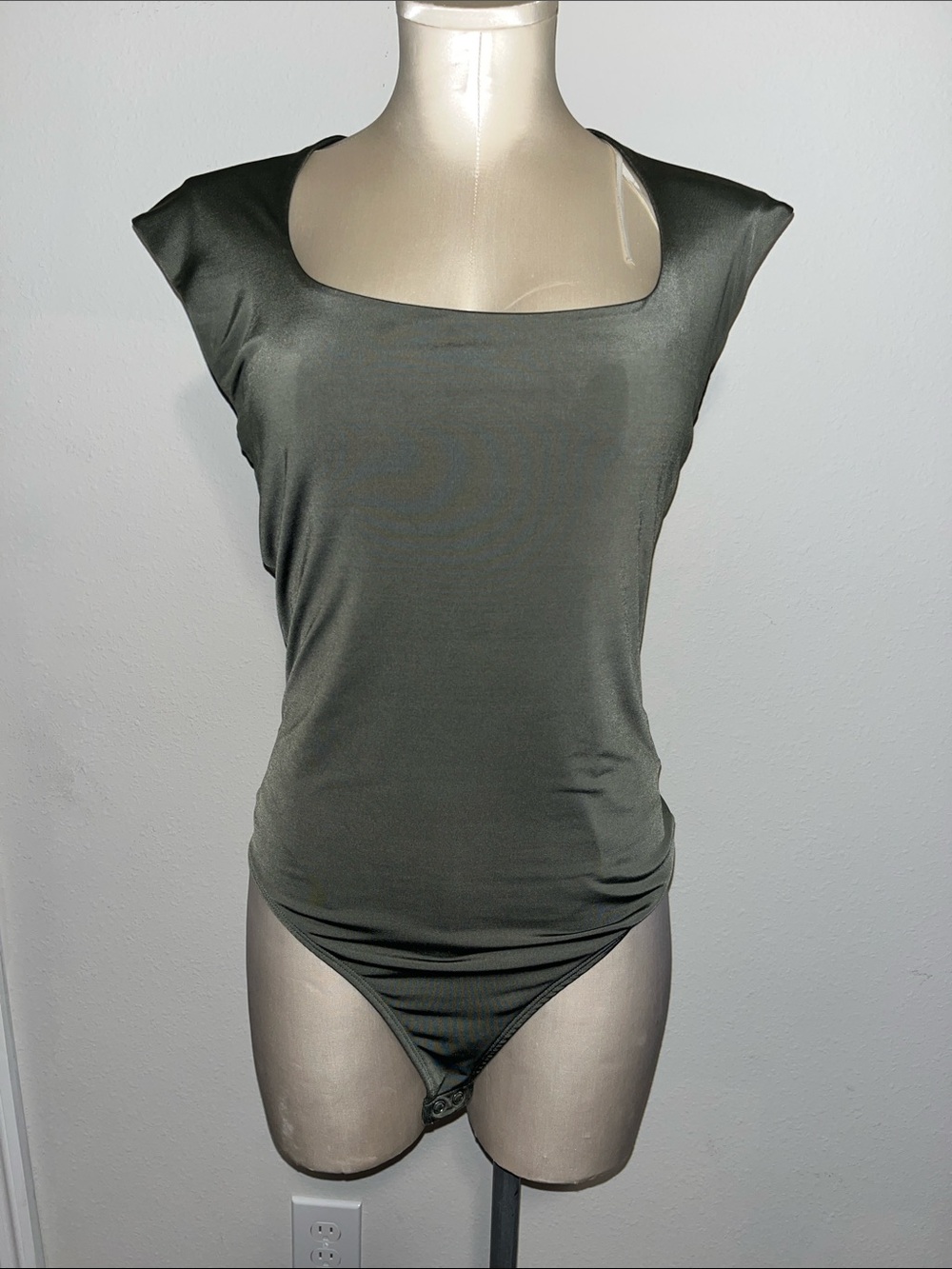 Square-Neck Cap Sleeve Bodysuit in Olive Green - body contour collection